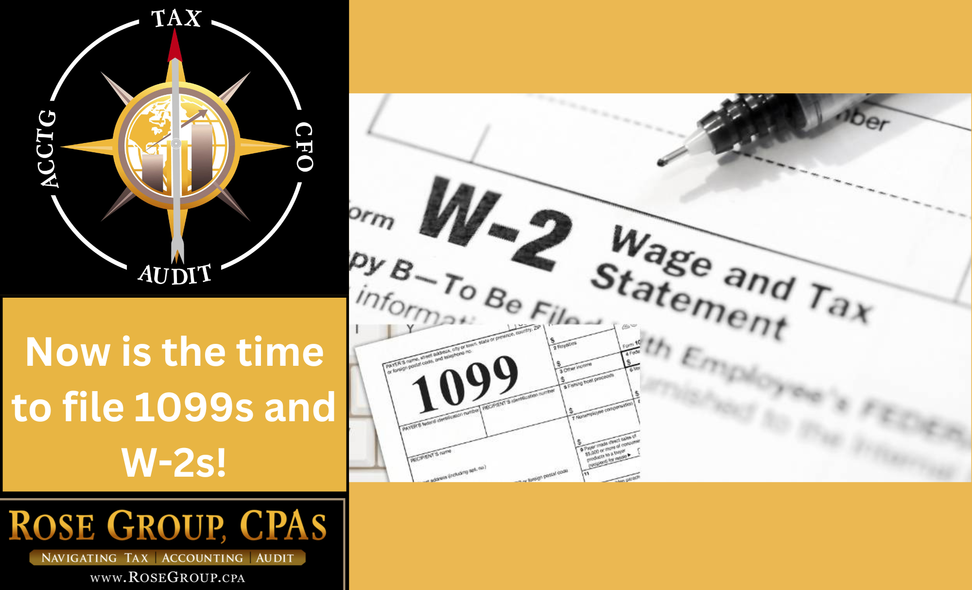 Rose Group CPA reminder to file 1099 and W-2